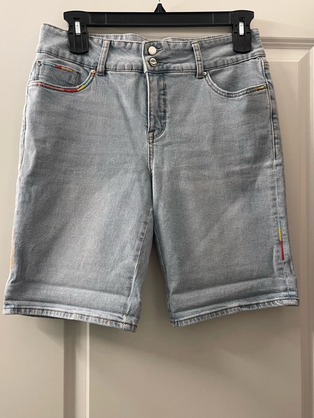 Seven7 Light Wash Denim Bermuda Shorts with Rainbow Stitching